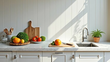 Sunny kitchen counter with fresh vegetables and fruits, modern minimalist design