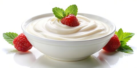 Yogurt with Raspberries and Mint in White Bowl