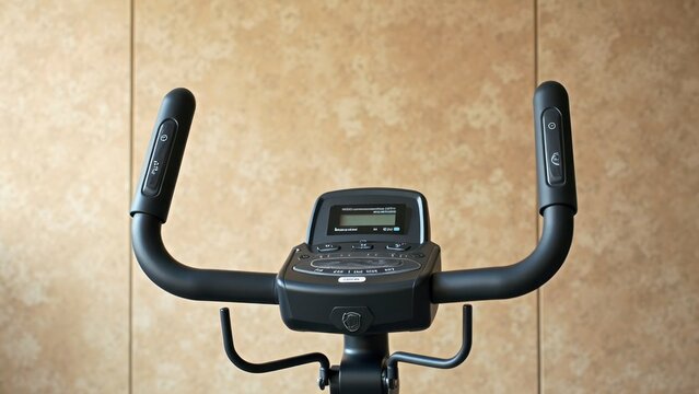 Stationary exercise bike with digital display and handlebar controls in gym setting