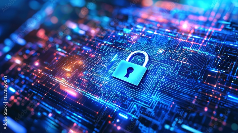Poster digital security system circuit board and lock icon
