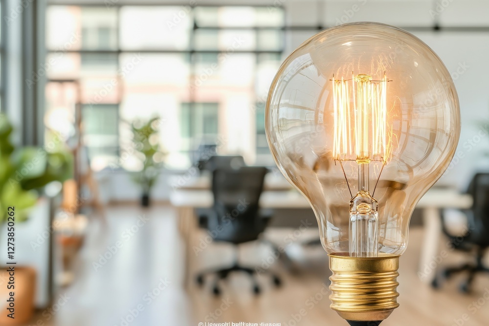 Poster innovation and creativity in design and print are represented by a lit light bulb with reflections o