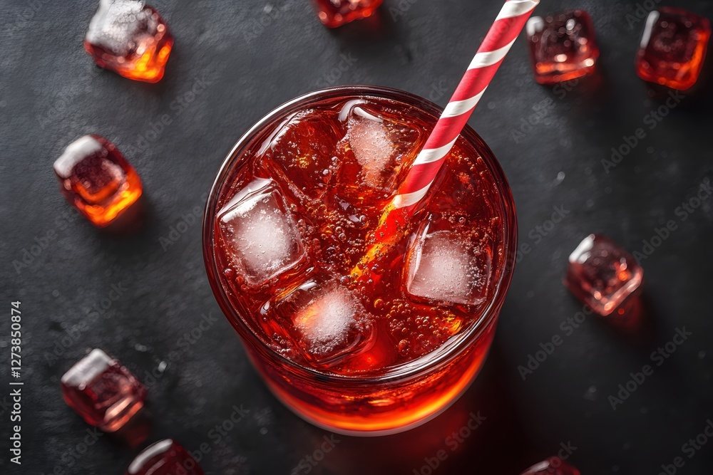 Poster refreshing red drink with ice cubes and striped straw on dark background top view
