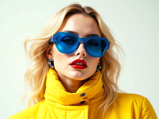Naklejka premium Fashionable Woman in Oversized Blue Sunglasses & Yellow Jacket – Modern, Bold, High-Fashion Look with Vibrant Colors, Red Lipstick, and Turquoise Background – Trendy, Elegant, and Confident Aesthetic