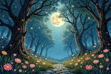 Mystical forest path under full moon with glowing fireflies and colorful flowers
