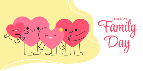 Happy Family Day greeting banner. Cute cartoon heart characters family together. Mother, father and children hand-drawn doodle style. Love, appreciation, family bonding illustration. Vector