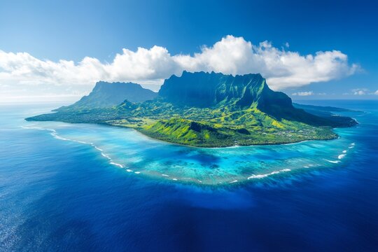 Stunning aerial view of mount otemanu emerging from the turquoise waters of bora bora