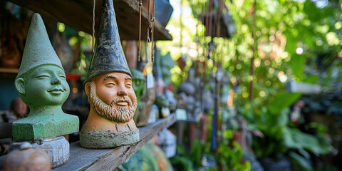 Terracotta and Green Garden Gnome Statues on Wooden Shelf
