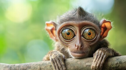 Curious monkey peering from a branch in the forest