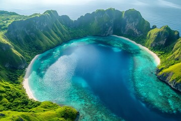 Breathtaking aerial view of hidden tropical lagoon embraced by lush green cliffs