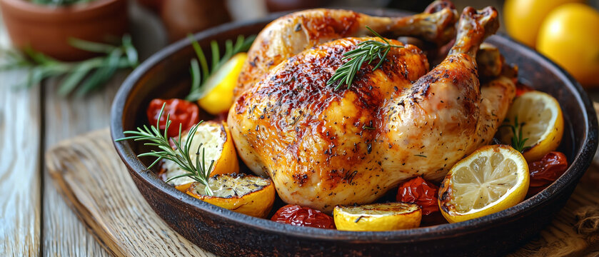 Roasted chicken with herbs and vegetables arranged beautifully on a rustic wooden table setting