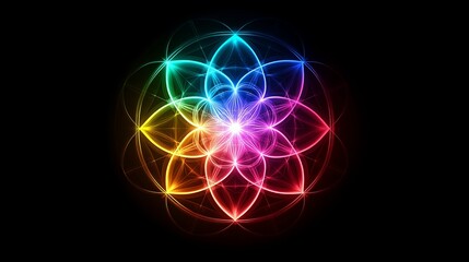 A sacred geometry mandala pulsating with rainbow energy