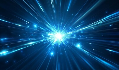 Fototapeta premium Bright blue energy explosion with glowing light rays and dynamic motion, symbolizing power, speed, and futuristic technology
