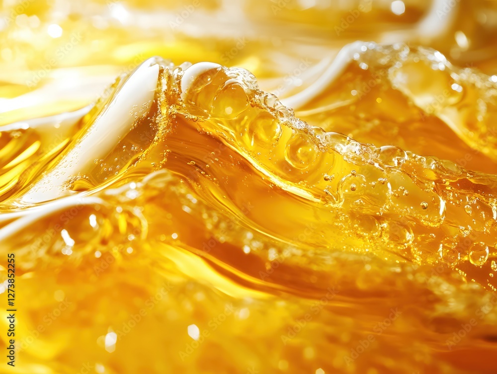 Poster golden liquid wave with bubbles sparkling in the light refreshing and invigorating drink