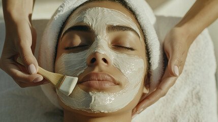 Serene visage pampered with enriching facial application, embodying rejuvenation and skincare