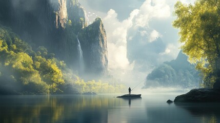 Serene angler on tranquil lake amidst misty mountains and waterfall.