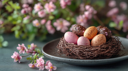 Colorful Easter chocolate eggs arranged in a chocolate nest on the plate with flowers on bakcground with copy space.