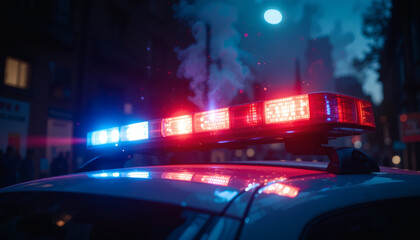 Obraz premium Police car flashing red and blue lights creating dramatic intensity and urgency on the surrounding area