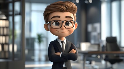 A cartoon boy in a stylish suit and glasses, standing with arms crossed in a corporate office setting
