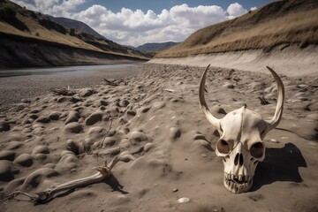 Dried riverbed with animal skull and bones in arid landscape, symbolizing drought, climate change, and environmental crisis