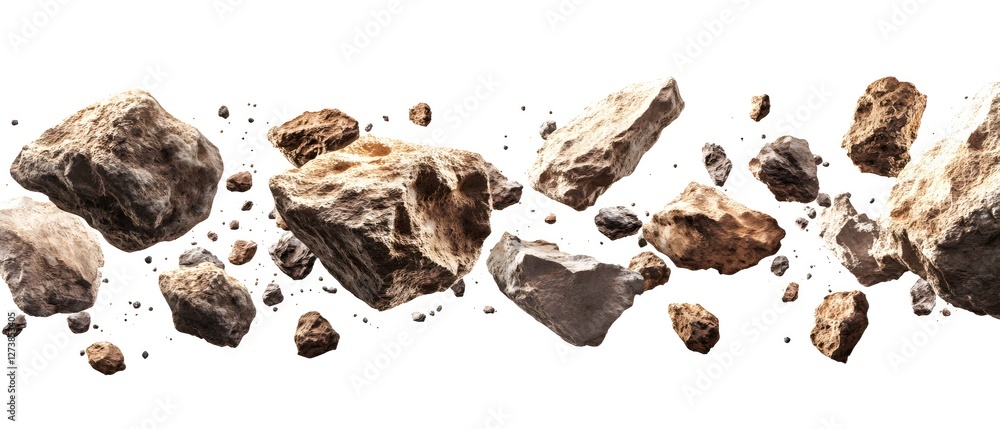 Poster asteroid field in deep space with detailed rock texture and dynamic floating composition