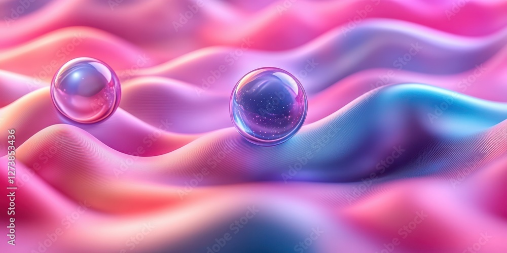 Poster colorful bubbles resting on a soft, undulating fabric surface in a mesmerizing light display