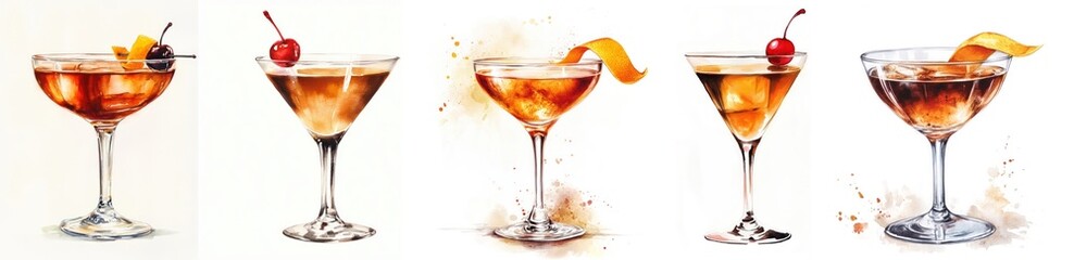 Set of Manhattan cocktails with orange peel garnish. Watercolor illustration of classic whiskey cocktail in coupe glass on white background. Design for bar menus, drink recipes, and print	
