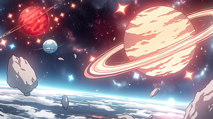 Cartoon space scene featuring colorful planets stars and a cosmic background with galaxies in an anime style illustration