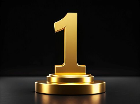 Gold number one trophy on pedestal - A shiny gold number one trophy on a pedestal, symbolizing victory and achievement, set against a dark background.  