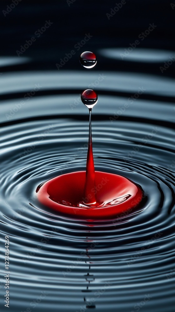 Poster Red water droplet splashing and creating concentric ripples
