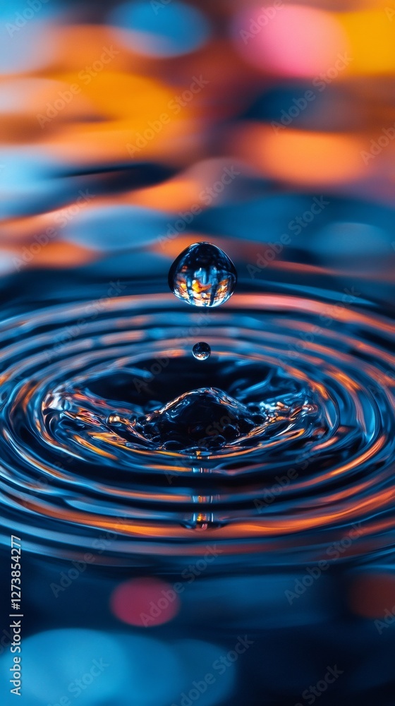Poster Water drop creating concentric ripples on colorful surface