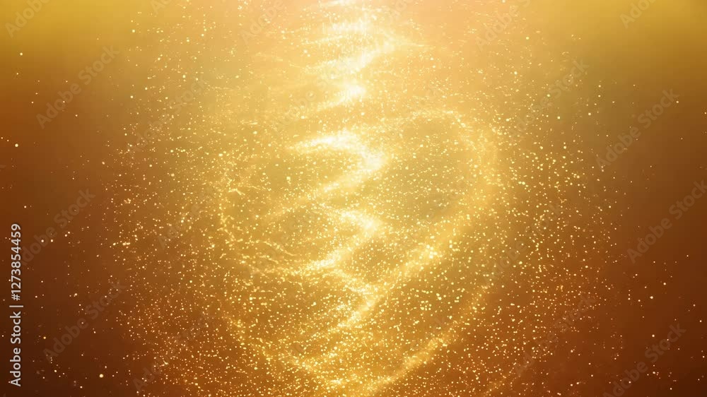 Poster glowing abstract golden light pattern resembling dna helix set against shimmering background evoking
