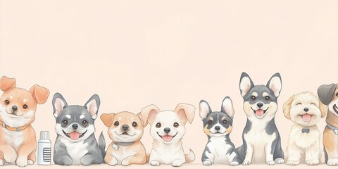 Cartoon-Style Illustration of Six Puppies of Different Breeds Sitting Side by Side on Soft Light Pink Background, Perfect for Children's Books and Pet-Related Products