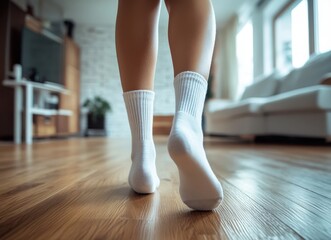 Close-up of a young woman's feet in white socks walking on a rustic wooden floor, capturing comfort and simplicity.