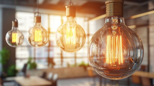 The transition to eco-friendly workplaces is symbolized by the use of LED light bulbs to illuminate modern office spaces, promoting energy-efficient lighting solutions