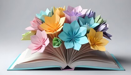 Colorful Origami Paper Flowers Bouquet on Open Book Creative Design Spring Concept