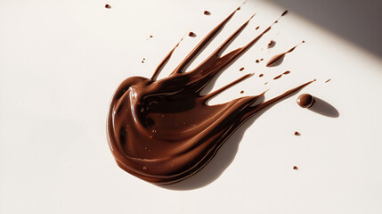 Delicious melted chocolate spread on a white surface with sunlit corner. Dessert abstract background.