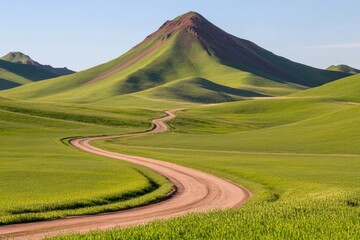 Fototapeta premium Winding road lush green hills clear blue sky