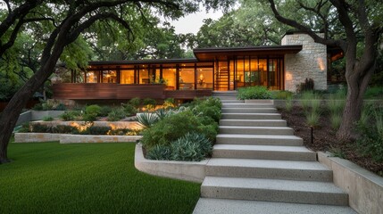 Obraz premium A modern house with a beautiful landscape and well-designed outdoor lighting is available