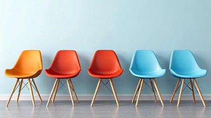 Obraz premium Colorful chairs in modern interior design - A row of colorful modern chairs in orange, red, and blue, placed against a minimalist wall in a bright interior space. 