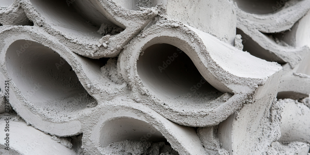 Poster grey concrete structure with interlocking curved hollow elements