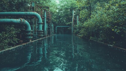 The presence of advanced industrial pipes and blue valves in a clean facility highlights technical innovation and industrial efficiency