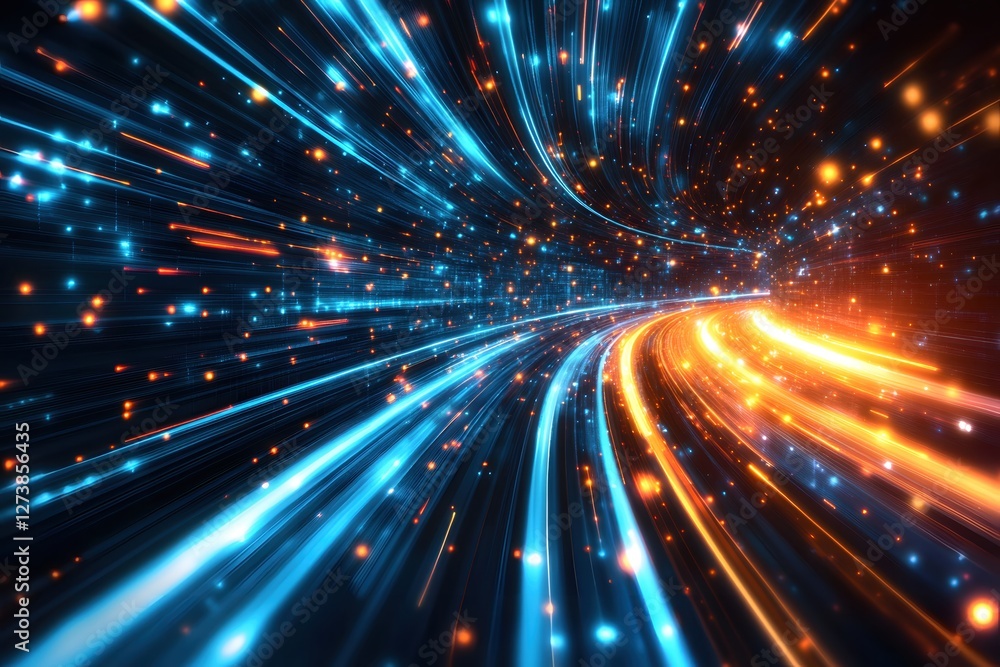 Poster abstract data stream tunnel with glowing particles and light trails in a digital space