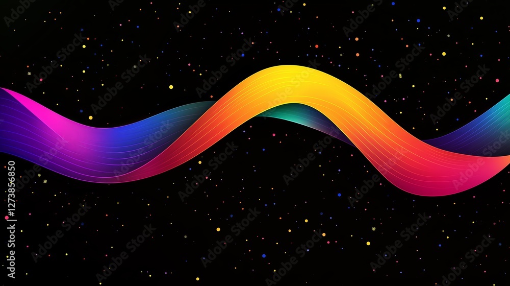 Poster a neon rainbow ribbon twisting through an endless void