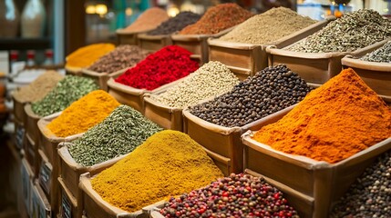 Assorted Spices and Herbs in Wooden Bins at a Market Stall