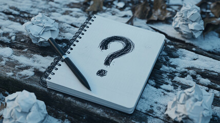 Existential inquiry, Question mark sketch in a notepad surrounded by crumpled paper balls