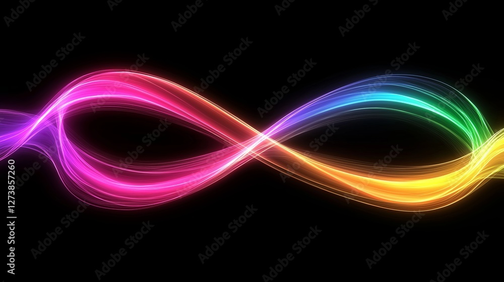 Poster a neon rainbow ribbon twisting through an endless void