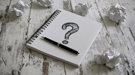 Pondering queries, Notepad with question mark, pen, and crumpled paper suggesting uncertainty