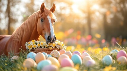 Chestnut horse with flower basket and easter eggs in sunlit meadow. Easter, Pascha, Paskha, Ostern, Pascua, Paques - Orthodox and Catholic Holiday celebration