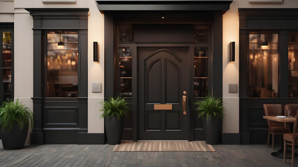A stylish restaurant sign mockup hanging above an entrance, featuring a blank space for custom branding, logo, or restaurant name. The warm and inviting setting is enhanced by soft ambient lighting.