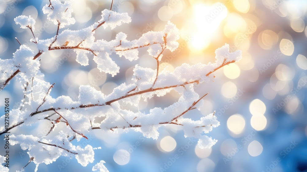 Poster winter branch adorned with snow sparkling in sunlight against soft blue bokeh backdrop